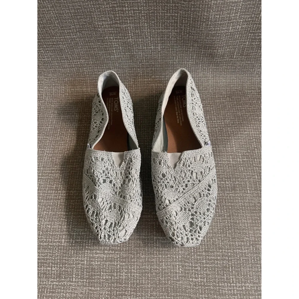 TOMS Silver Metallic Crochet Lace Alpargata Slip On Flats Shoes Womens 10
